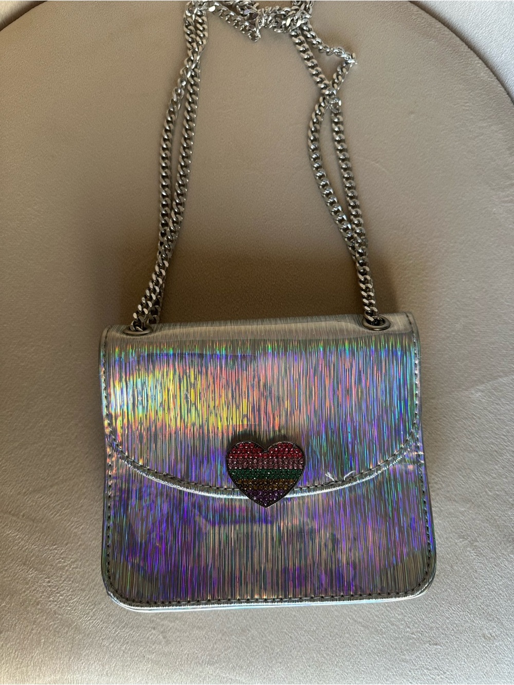 Place Holographic Silver Crossbody Bag with Rainbow Crystal Heart